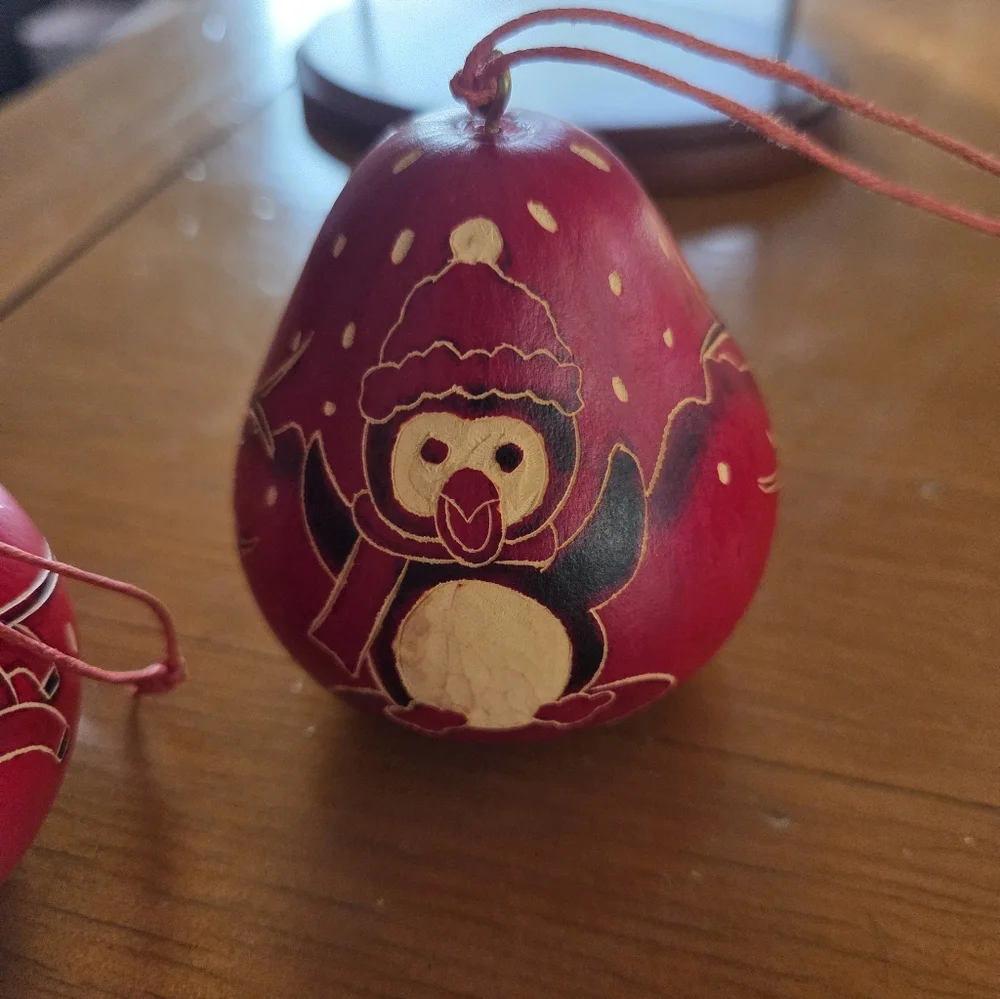 Hand Carved Dried Gourd Ornanent Trio (Polar Bear, Santa & Penguin)